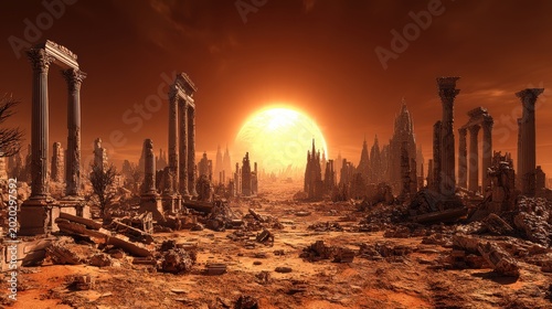 Fantasy wallpaper. Temple. A vivid depiction of a postapocalyptic landscape, likely from a science fiction or fantasy setting. The main subject is a ruined cityscape with towering.