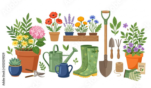 Quadro su tela Garden tools and watering can with flowers vector illustration isolated on white