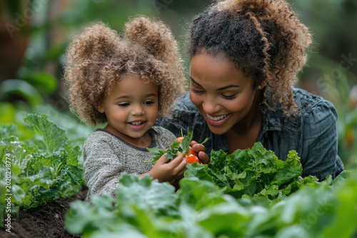 Mother and daughter picking vegetables in garden.