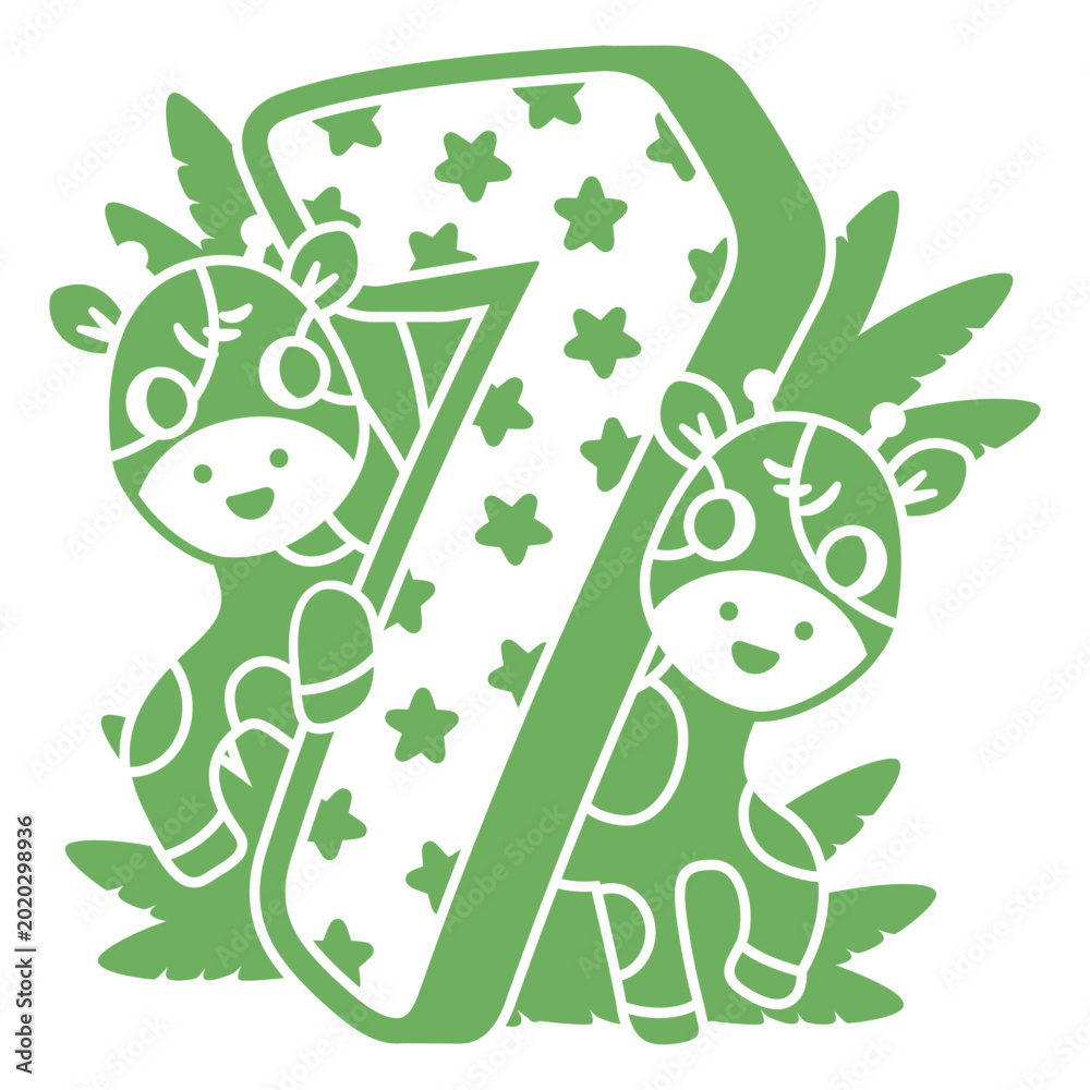 Εκτύπωση καμβά Green drawing of two giraffes with the number seven