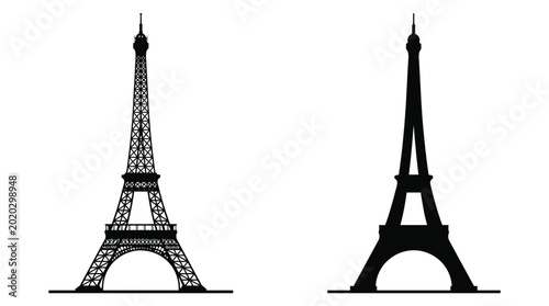Two distinct black silhouettes of the eiffel tower standing side by side in this digital photograph