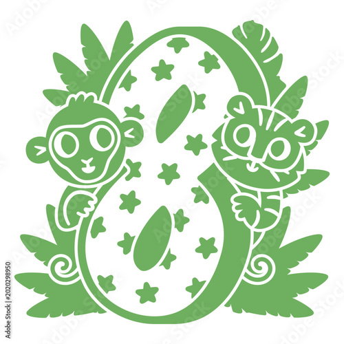 Photography Green number 8 with two monkeys and leaves