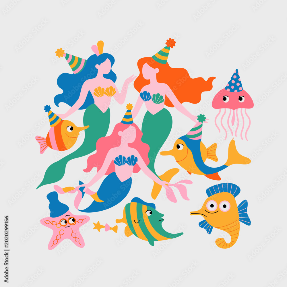 Fototapeta premium Magical underwater party with mermaids and sea creatures wearing colorful festive party hats
