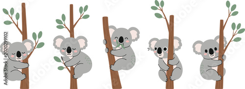 Canvas Print Cute Colored Koala Cartoon Character Set Featuring Adorable Marsupials Climbing