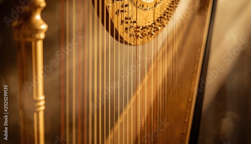 There is a close up view of a golden harp with strings