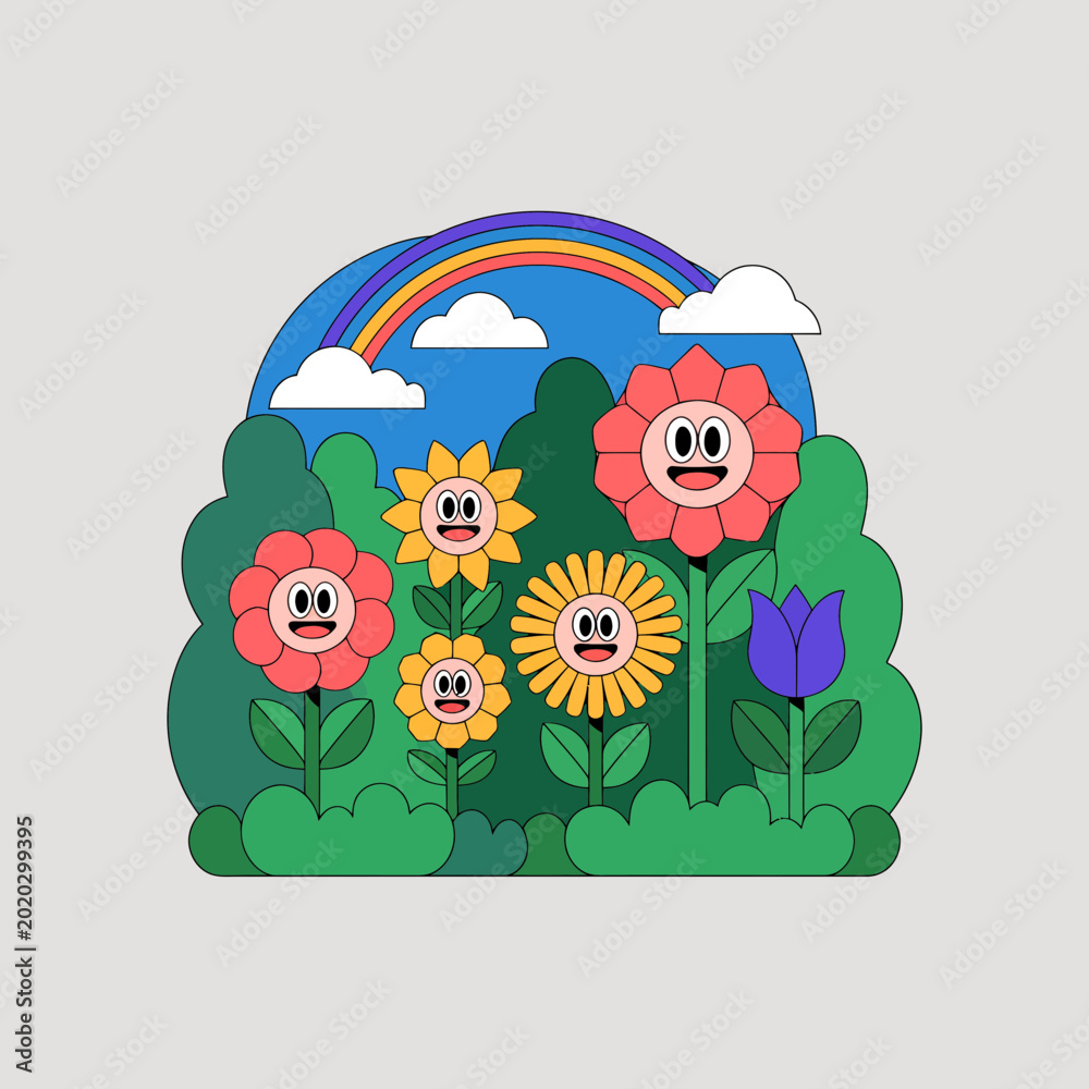 Fototapeta premium Vibrant vector illustration of smiling anthropomorphic flowers under a bright rainbow