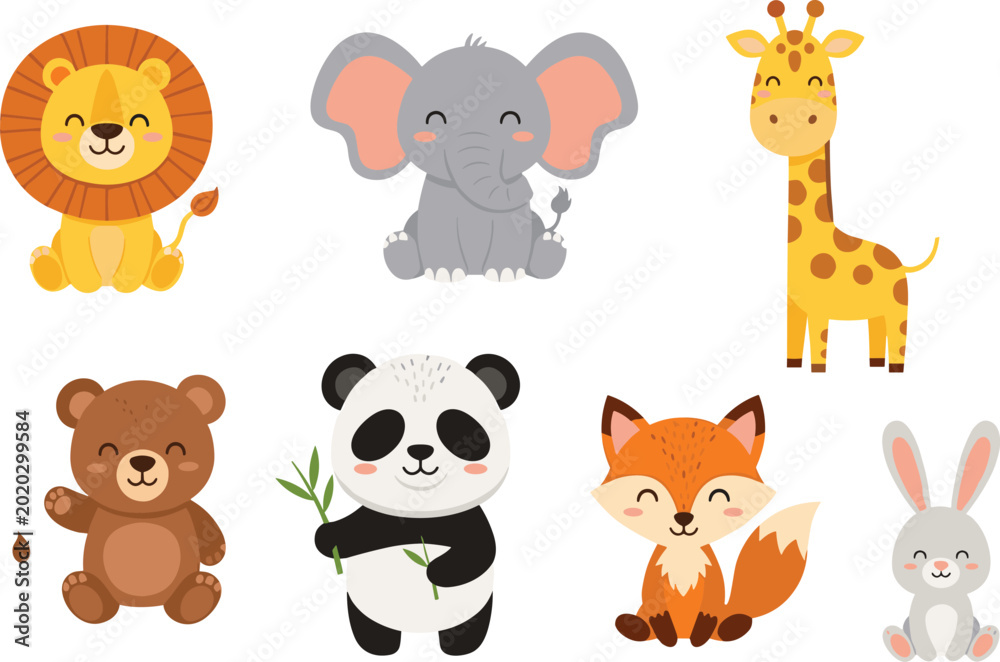 Obraz premium Cute Safari and Jungle Animal Mascot Vector Collection Featuring Happy Lion Elephant Giraffe Bear Panda Fox and Rabbit Cartoon Characters for Kids