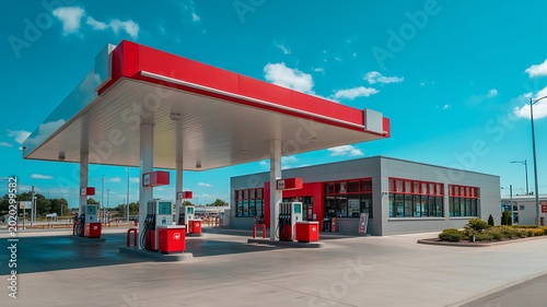 Gas station, fuel pumps, convenience store, red and white, highway retail