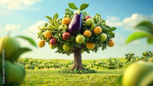 Fruit tree with various fresh fruits and vegetables, idyllic orchard scene, healthy eating concept, food illustration