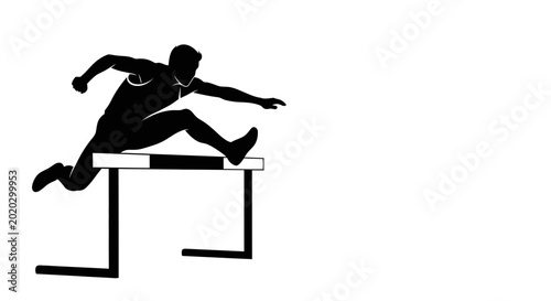 Man running over hurdle track athlete in motion silhouette