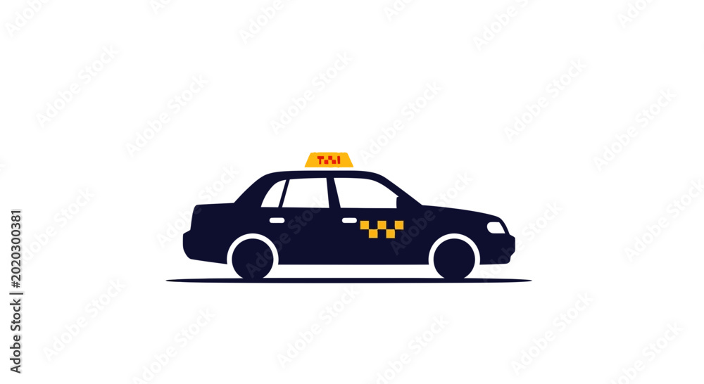 Fototapeta premium Dark blue taxi cab with yellow roof light and checker symbol.