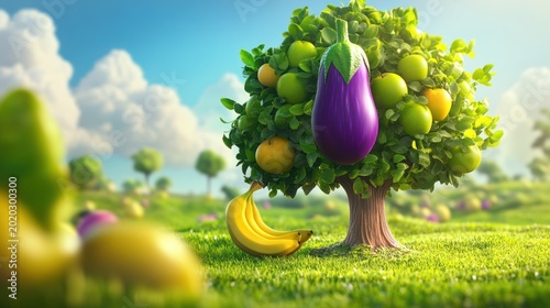 Fruit tree in a grassy meadow, whimsical fruit, bright sunny day, food concept, stock image