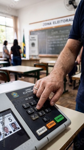 Close-up of a hand pressing buttons on a Brazilian electronic voting machine during a national election