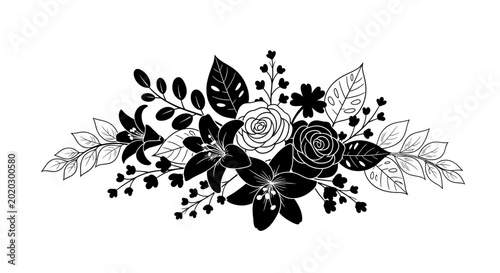 Elegant Black and White Floral Arrangement Illustration.