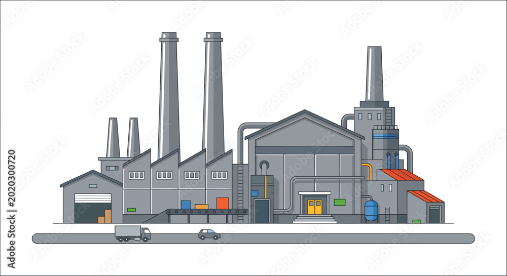 Obraz premium industrial factory complex illustration with smokestacks and vehicles