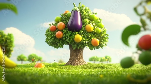 Fruit and vegetable tree, whimsical garden, healthy eating, illustrative design