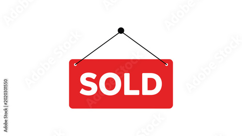 Tablou pe pânză Red rectangular hanging sign displaying text sold with rope hanger graphic element for real estate or retail business promotion
