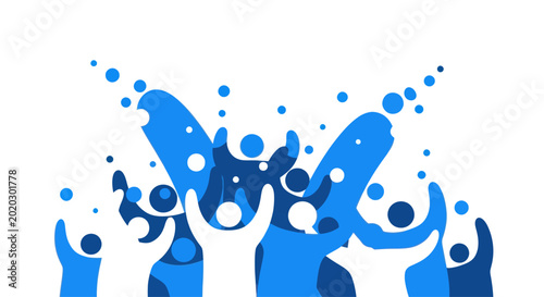 Cuadro en lienzo Diverse group celebrating with blue splashes and bubbles, joy and unity concept