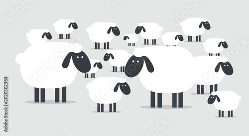 Flock of minimalist cartoon sheep on a plain grey background