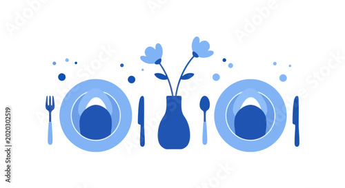 Elegant Blue Table Setting for Two with Flowers