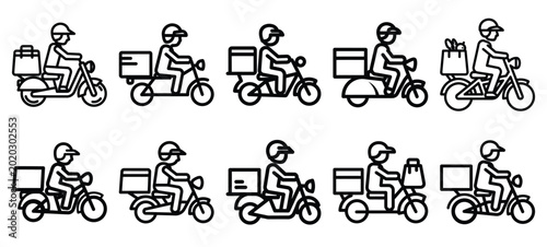 Obraz na płótnie Black line art delivery rider with vector illustration icons