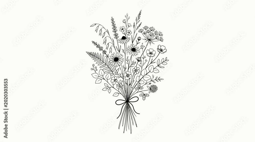 Αυτοκόλλητο Hand-Drawn Rustic Wildflower Bouquet Tied with Ribbon on Isolated White Backgrou