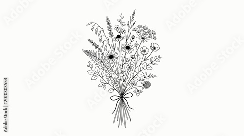 Fotografía Hand-Drawn Rustic Wildflower Bouquet Tied with Ribbon on Isolated White Backgrou