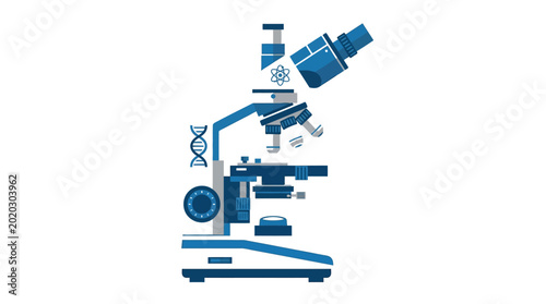 Microscope illustration showing scientific equipment for laboratory research analysis in a clean flat graphic style design