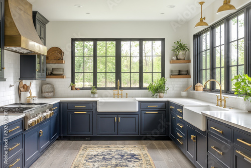 Navy kitchen cabinets with brass pulls.