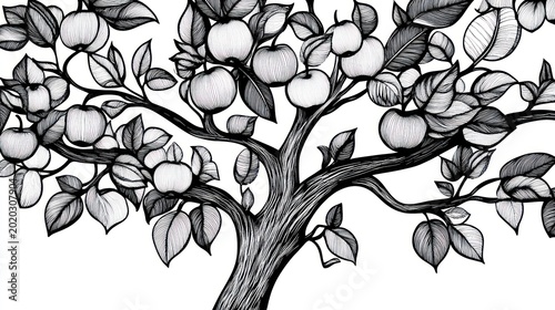 Apple tree illustration, black ink drawing against white, garden decoration idea