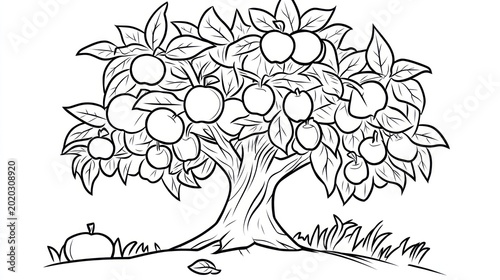 Apple tree drawing for kids coloring book; simple landscape scene on white background
