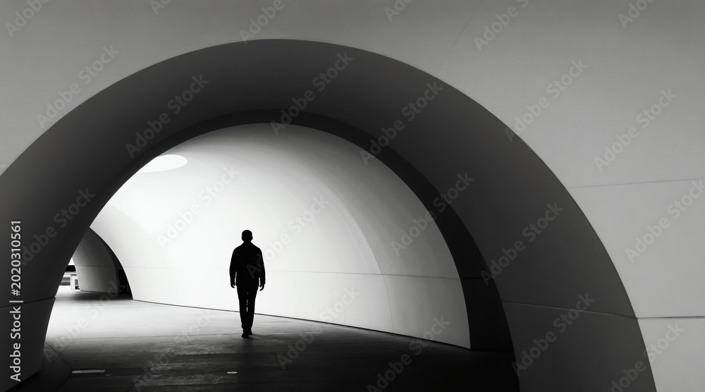 Fototapeta premium Man walks alone through modern tunnel architecture, monochrome, high contrast, geometric lines, illuminated pathway creates perspective, solitary journey.