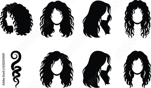 Black and white curly hairstyles vector illustrations collection Vector