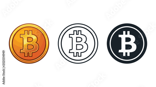 Bitcoin coin icons set representing digital currency and financial technology for modern online banking investment systems