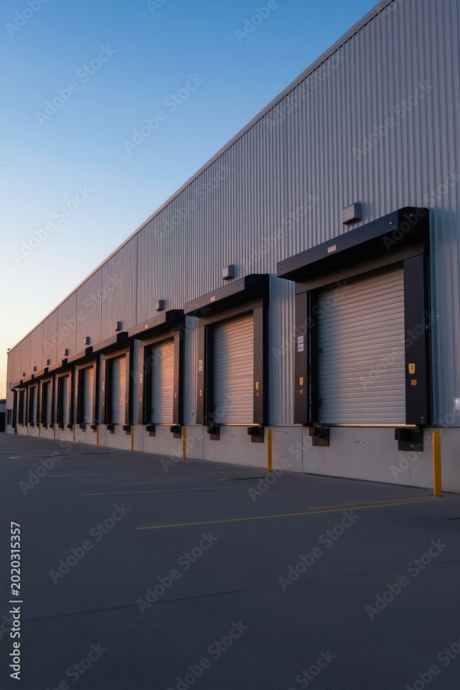 Fototapeta premium Modern logistics warehouse exterior with multiple loading bays. Industrial building shows automated roll-up doors under a clear sky. Commercial storage facility for freight transport.