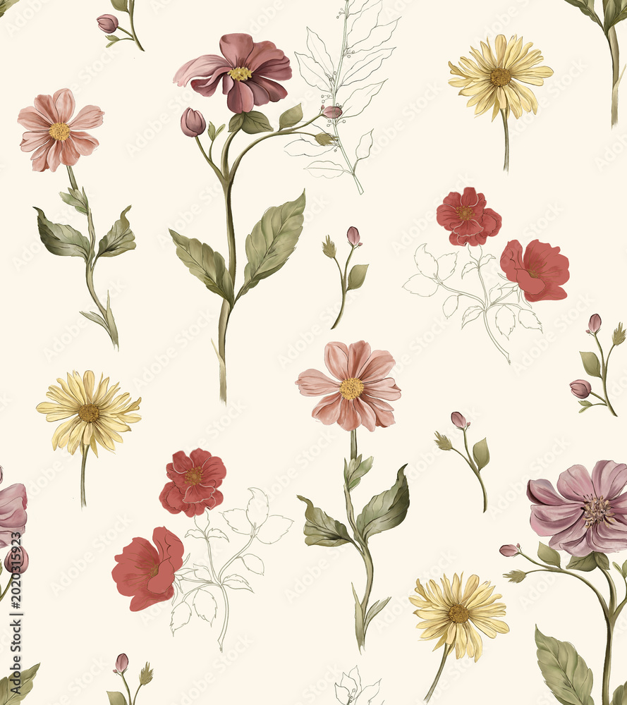 Φωτογραφία Delicate watercolor wildflower seamless pattern on cream background