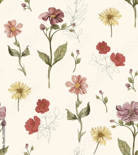 Canvastavla Delicate watercolor wildflower seamless pattern on cream background