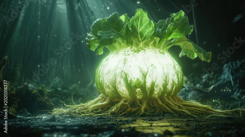 Glowing plant, forest floor, magical roots, fantasy background, game asset