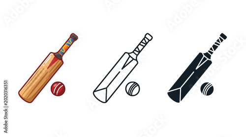 Cricket bat and ball set featuring colorful illustration outline and silhouette style icons for sports design