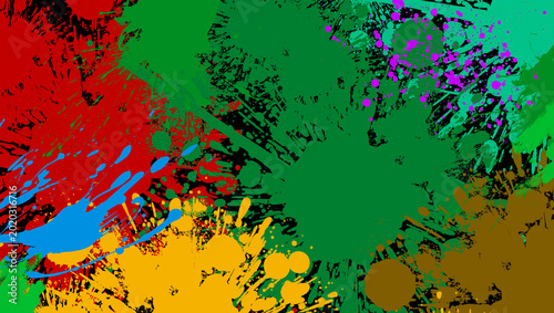 Abstract Vibrant Colorful Paint Splatter Grunge Background on Black Surface