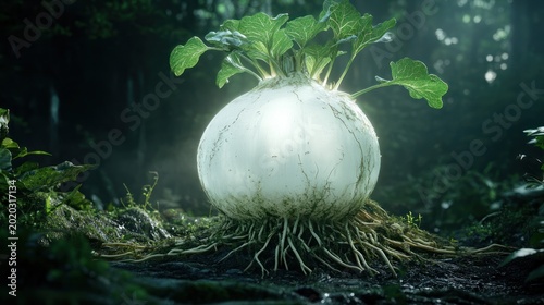 Giant turnip glowing in dark forest; fantasy food