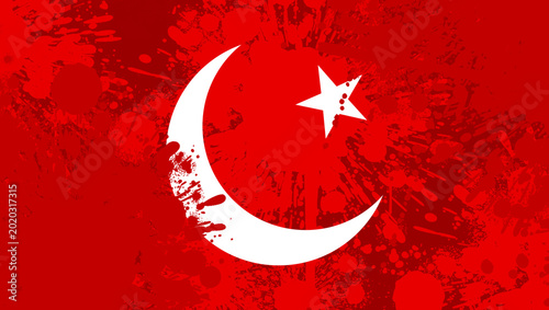 Distressed Red Background with White Grunge Crescent Moon and Star Illustration