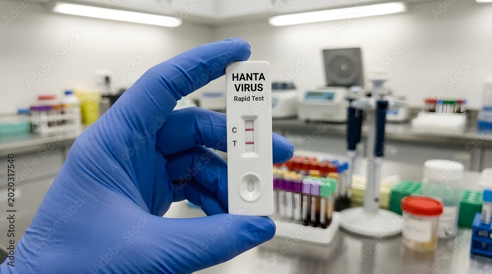 Obraz premium A hand in a blue medical glove holds a positive Hanta Virus rapid test kit inside a lab room with blurred test tubes, laboratory equipment, and clinical research tools in the background