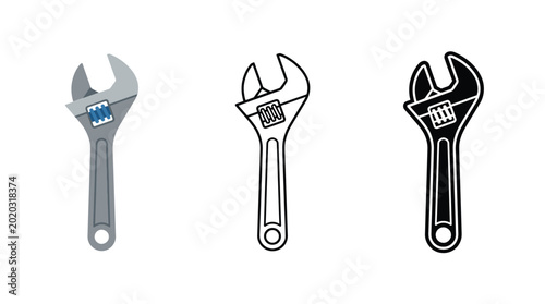 Adjustable wrench tool icons set featuring flat color outline and solid black silhouette graphic designs