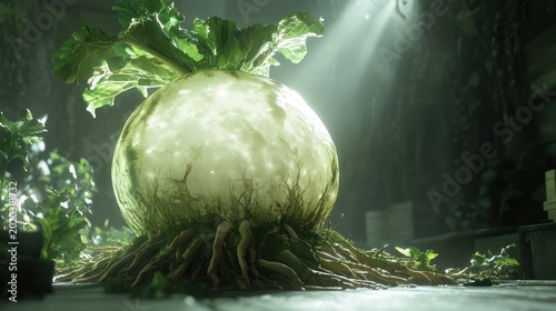 Giant glowing radish in dark cellar; fantasy plant