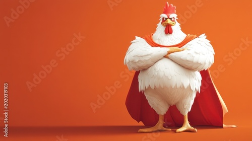 Superhero chicken, arms crossed, orange background, cartoon style, illustration