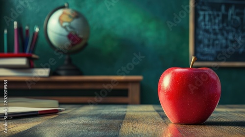Red apple on desk, classroom background, education concept
