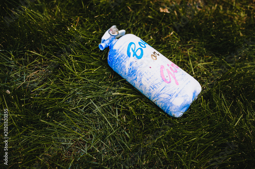 A close-up photo of two gas cylinders on green grass with paint at a gender reveal party celebrating the choice and anticipation of a boy or girl.