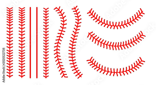 Baseball stitches red lace vector set, softball seam border collection, curved and straight athletic ball stitching elements for sports apparel design