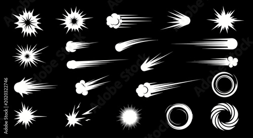 Comic speed lines and explosion effects set, white manga motion symbols on black background, 20 vector action elements for animation